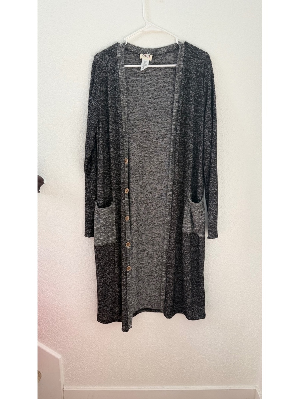 BiBi Women’s Long Open Front Cardigan Size Large Gray Marled Pockets